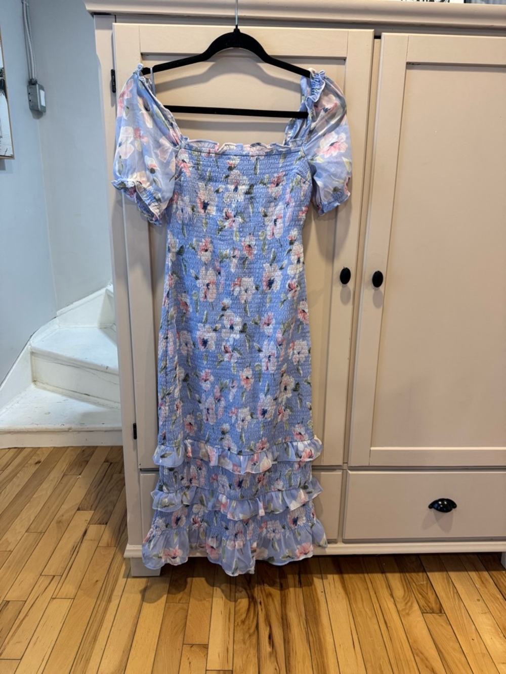 Abercrombie & Fitch Light Blue Floral Smocked Midi Dress